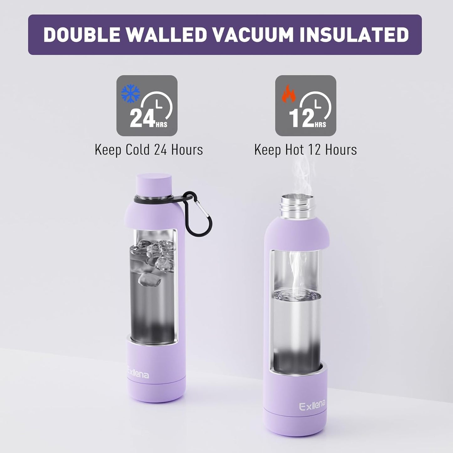 Slim Insulated Water Bottles for Travel 32oz with Clip, Double Wall Vacuum Stainless Steel Water Bottle Keeps Drinks Cold 24 Hrs/Hot 12 Hrs, 100% Leakproof, BPA Free(Purple)