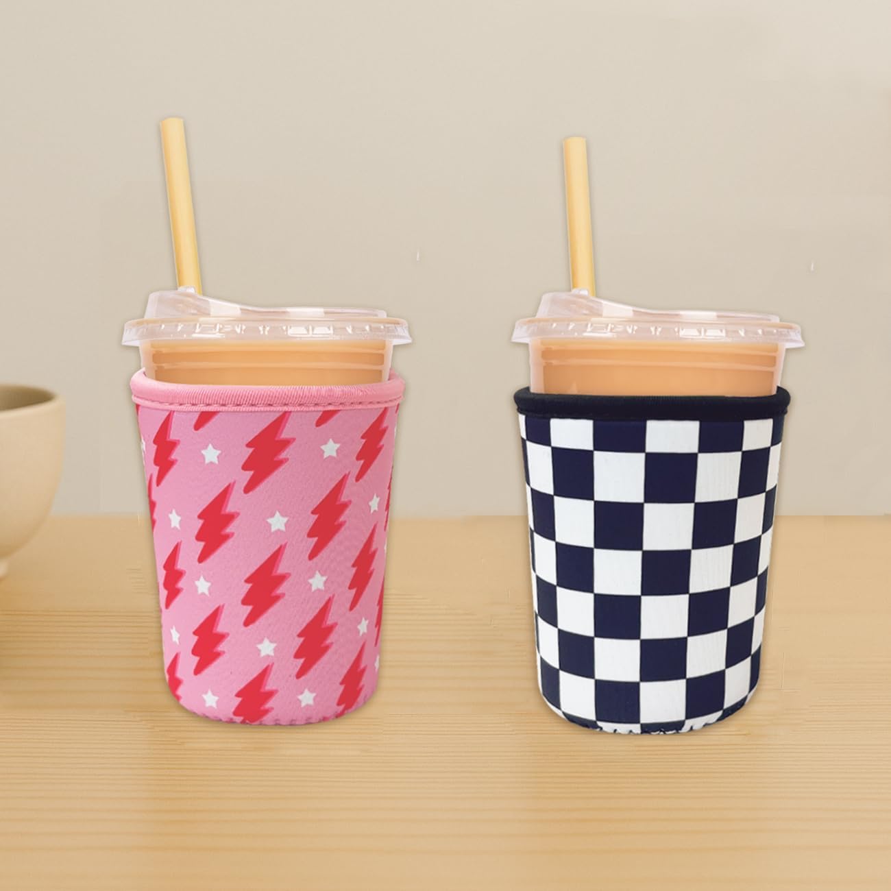 Reusable Insulated Neoprene Iced Coffee Cup Sleeve, Durable Drink Sleeve for Cold Beverages, Beverage Holder for Iced Coffee, Checker Grid