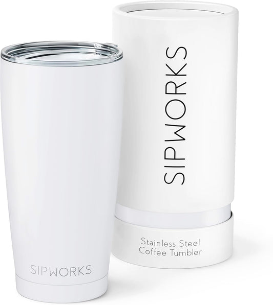 Stainless Steel Coffee Tumblers with Lids - 20z Double Walled Vacuum Insulated for Hot & Cold Drinks - Spill Resistant Travel Tumbler - Arctic White