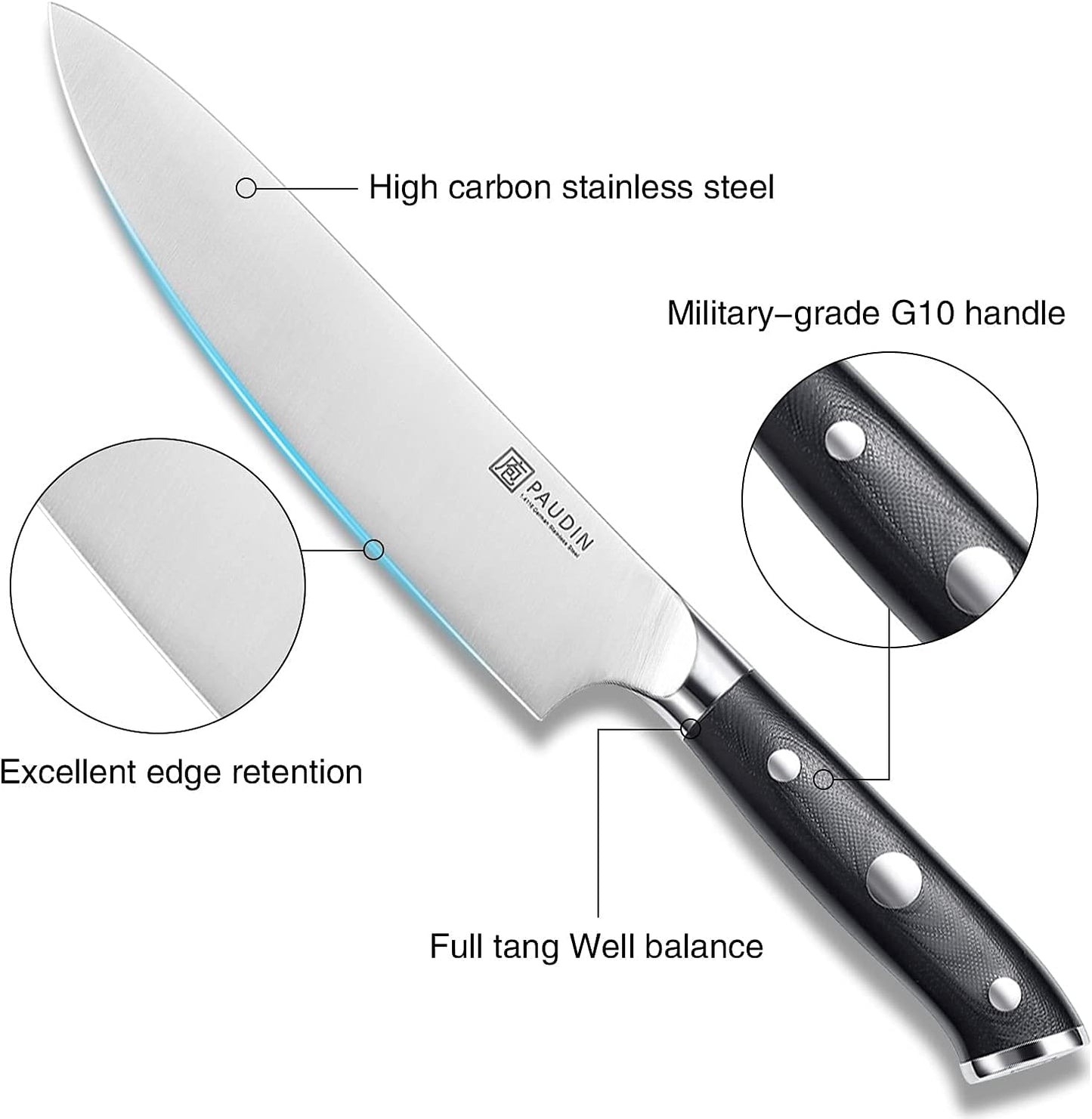 PAUDIN Chef Knife 8 Inch, Professional Kitchen Knife, 7Cr17MoV German Stainless Steel Forged Chefs Knives with Ergonomic G10 Handle, Classic Chef's Knives Meat Knife with Gift Box