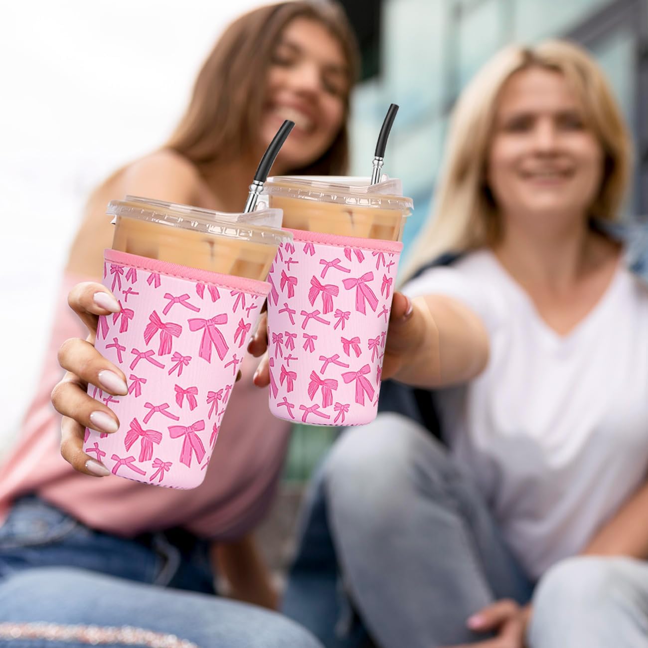 Reusable 3-Pack Iced Coffee Cup Sleeve, Insulated Neoprene, Beverage Holder for Iced Coffee, Durable Drink Sleeve for Cold Beverages, Pink Bows