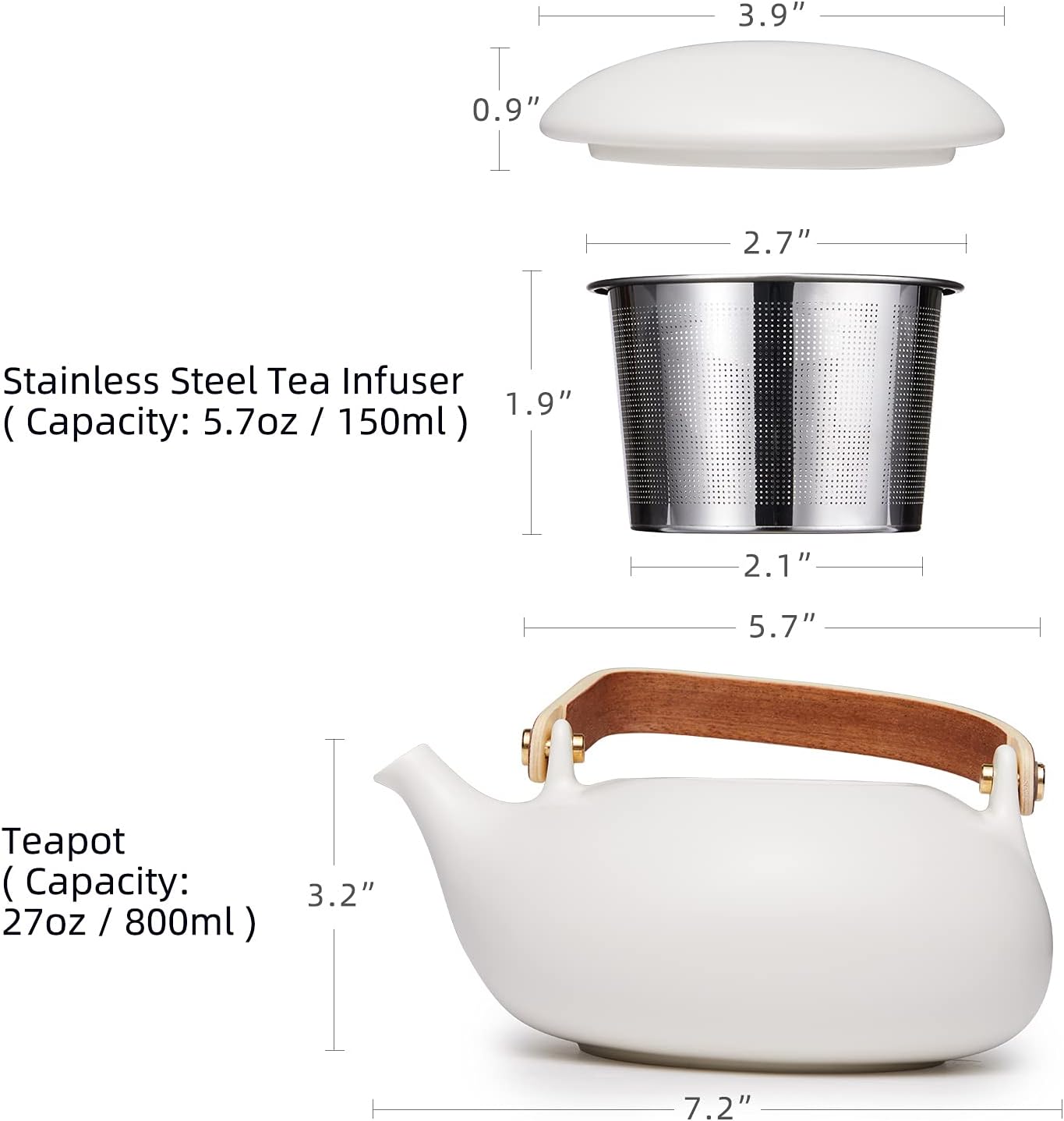 ZENS Teapot with Infuser, Ceramic Japanese 2cup Teapot for Loose Leaf Tea, 800ml Small Matte White Porcelain Tea Pot Gift with Modern Bentwood Handle