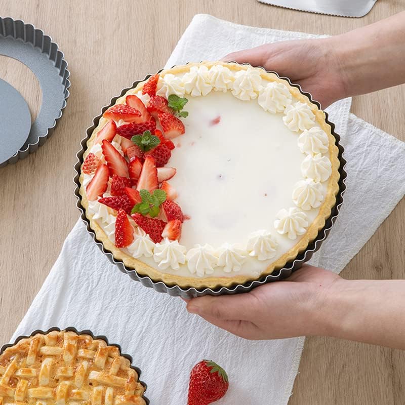 Tart Pan 10 Inch Tart Pan Carbon Steel Round Non-Stick Pan Quiche Pan with Removable Chassis for Mousse Cakes, Kitchen Reusable Baking Tool with A Depth of 1.18 Inches