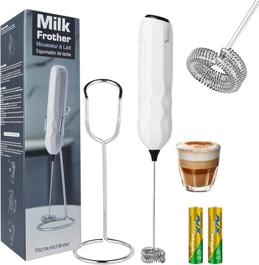 SUPRUS Ultra Fast Handheld Milk Frother Double Whisk with Stand 2 Batteries Stainless Steel for Lattes Cappuccino Matcha Hot Chocolate Coffee Bar Accessories Kitchen Gadgets Gift