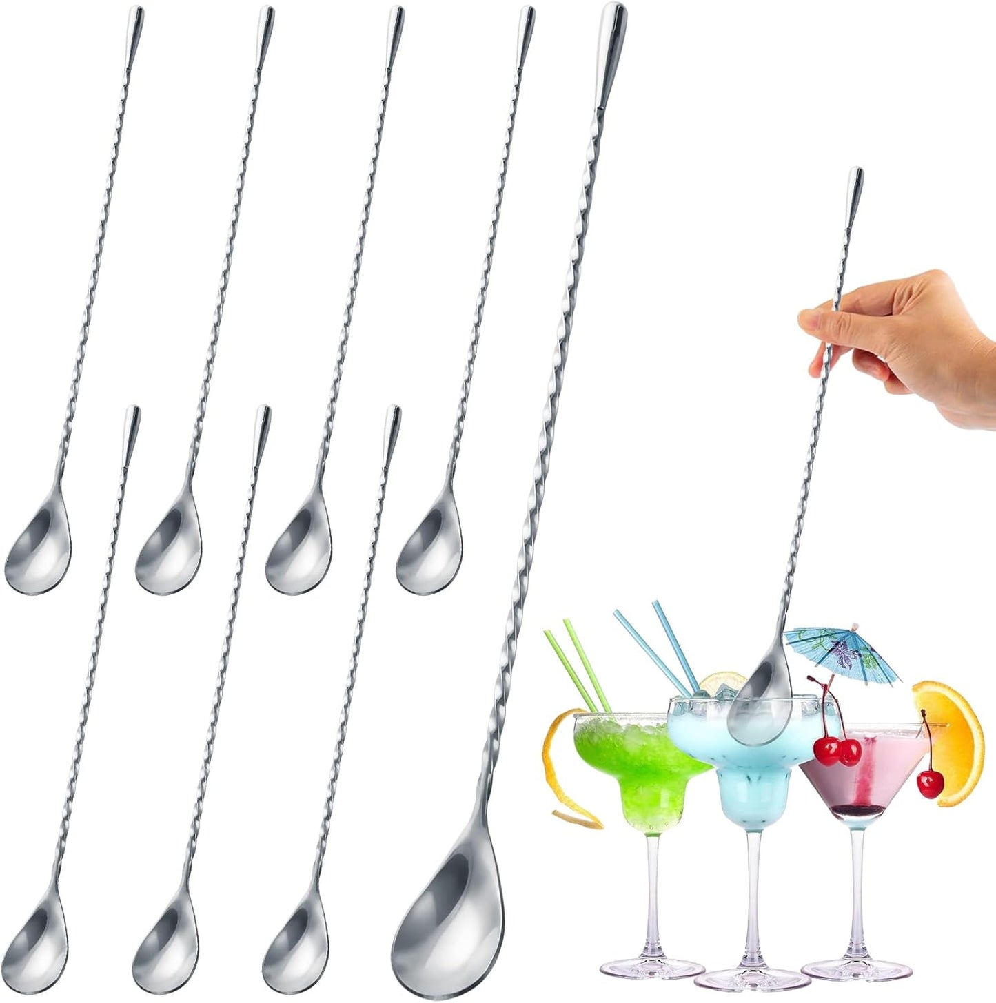 8 PCS 12 Inch Bar Spoon Stainless Steel Spiral Pattern Bar Long Spoon Drink Stirrers Cocktail Spoon, Mixing Spoons Stir Sticks for Coffee Bar Accessories