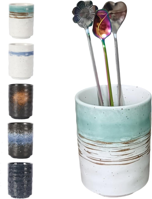 Stoneware Coffee Bar Utensil Holder Tea & Coffee Spoon & Stirrer Holder for Stir Stick Straw Teaspoon Holder Spoon Cup Small Utensil Jar (Green fields)