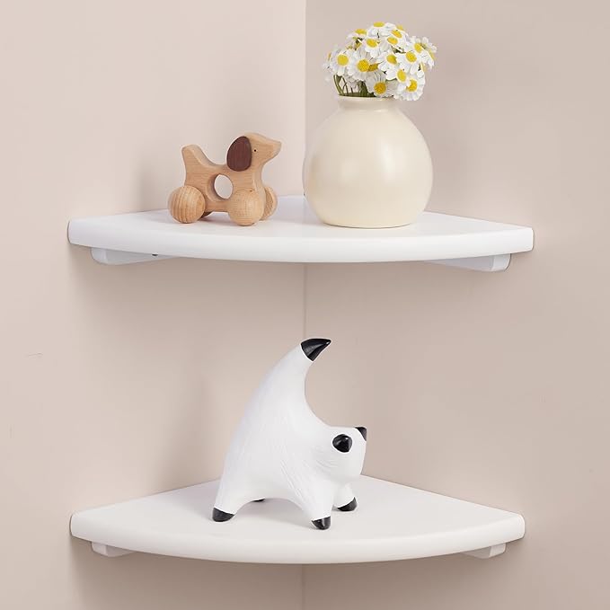 Gieanoo Floating Corner Shelves Set 2 10inch White Solid Oak Rounded Corner by GIEANOO