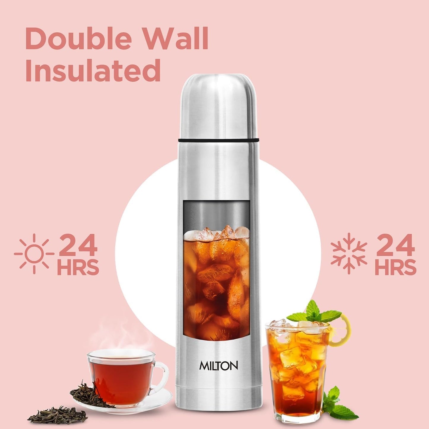 Milton Vacuum Flask for Hot Drink 1 litre (34 oz), Stainless Steel Double Walled Insulated Water Bottle for 24 Hour Hot and Cold drinks with cover, Leak proof, Thermosteel Flip Lid 1000 ml Set of -2
