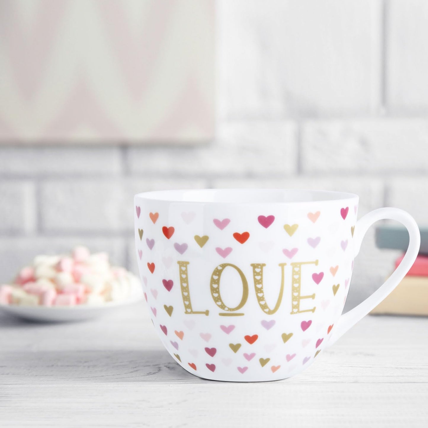 LOVE Mug with Hearts for Daily Coffee and Tea, Premium 20 oz Bone China Coffee Tea Hug Mug, Perfect Holiday, Valentine’s, and Birthday Gift for Loved Ones, Designed in England by Harvest Green Studio