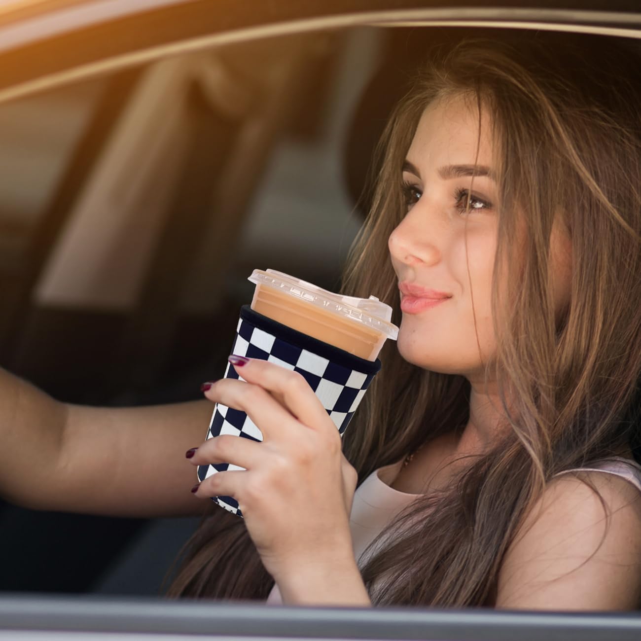 Reusable Insulated Neoprene Iced Coffee Cup Sleeve, Durable Drink Sleeve for Cold Beverages, Beverage Holder for Iced Coffee, Checker Grid