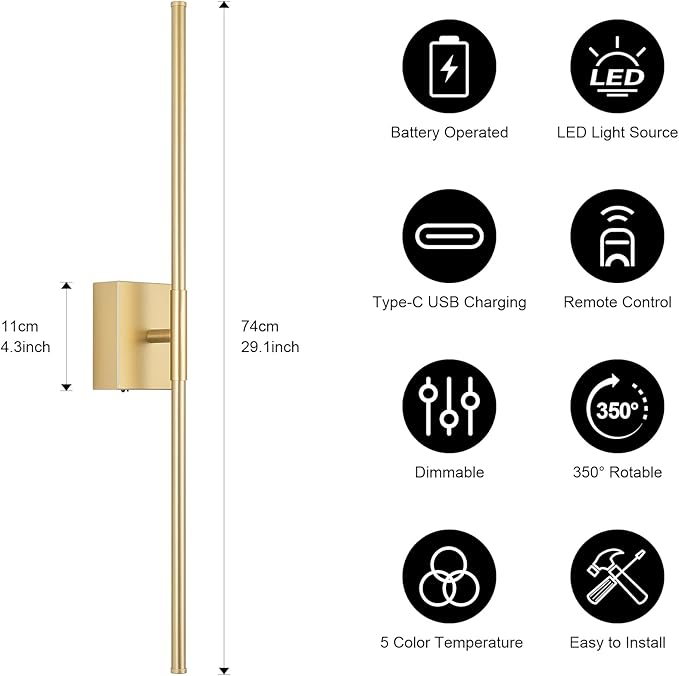 Battery Operated Wall Sconce, 3000K-6000K Dimmable Gold Wall Lights - Image 6