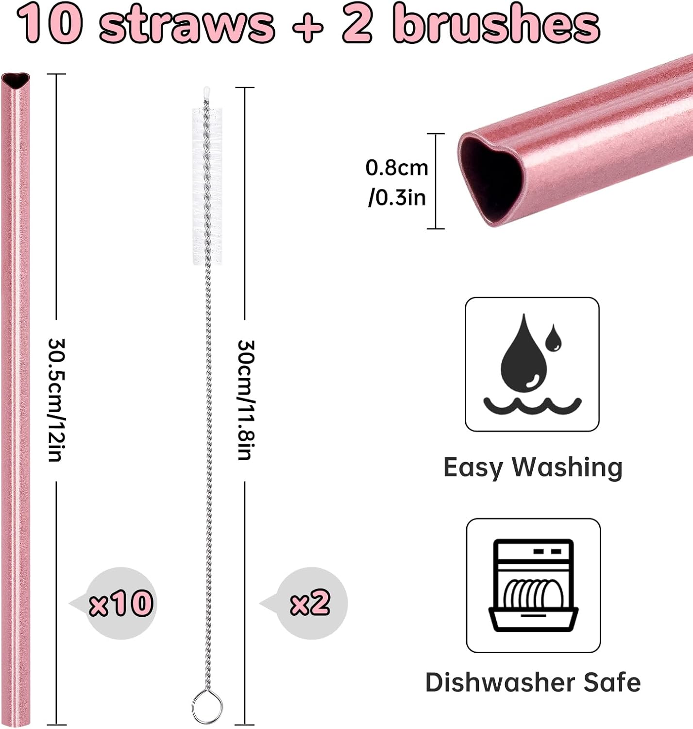 NiHome 12-Inch Heart-Shaped Stainless Steel Drinking Straws for Stanley Tumbler 40oz 10-Pack with 2 Cleaning Brushes, Reusable for Hot & Cold Drinks, Dishwasher Safe, Safe Edges for Kids (Pearl Pink)