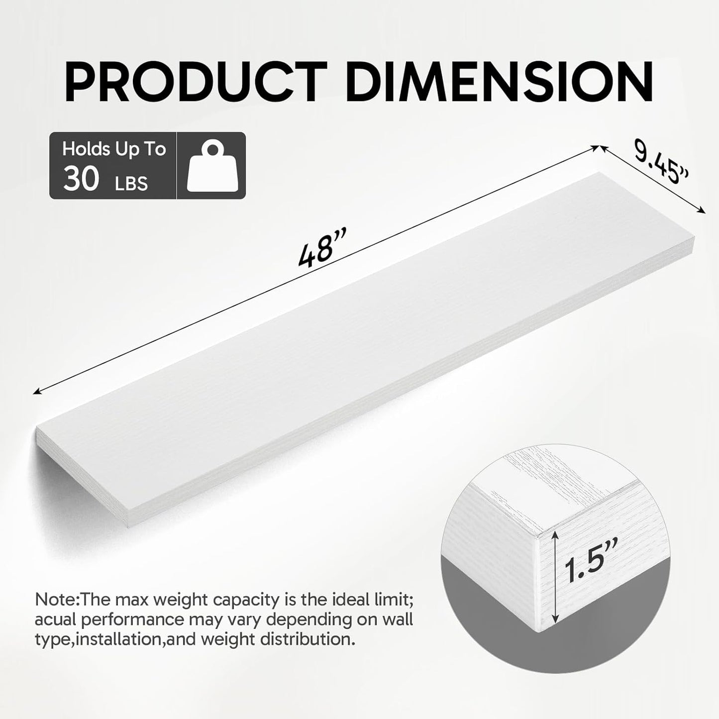 BAYKA Floating Shelves, 48" Wall Mounted Rustic Wood Shelves for Bathroom, Bedroom, Living Room, Kitchen, Office, Hanging Shelf for Books/Storage/Decor(White,Set of 2)