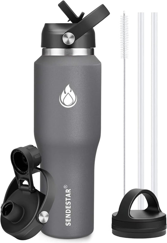 SENDESTAR 40oz Water Bottle Wide Mouth Stainless Steel Vacuum Insulated Double Wall with 2 Straw Lids Fit in Any Car Cup Holder