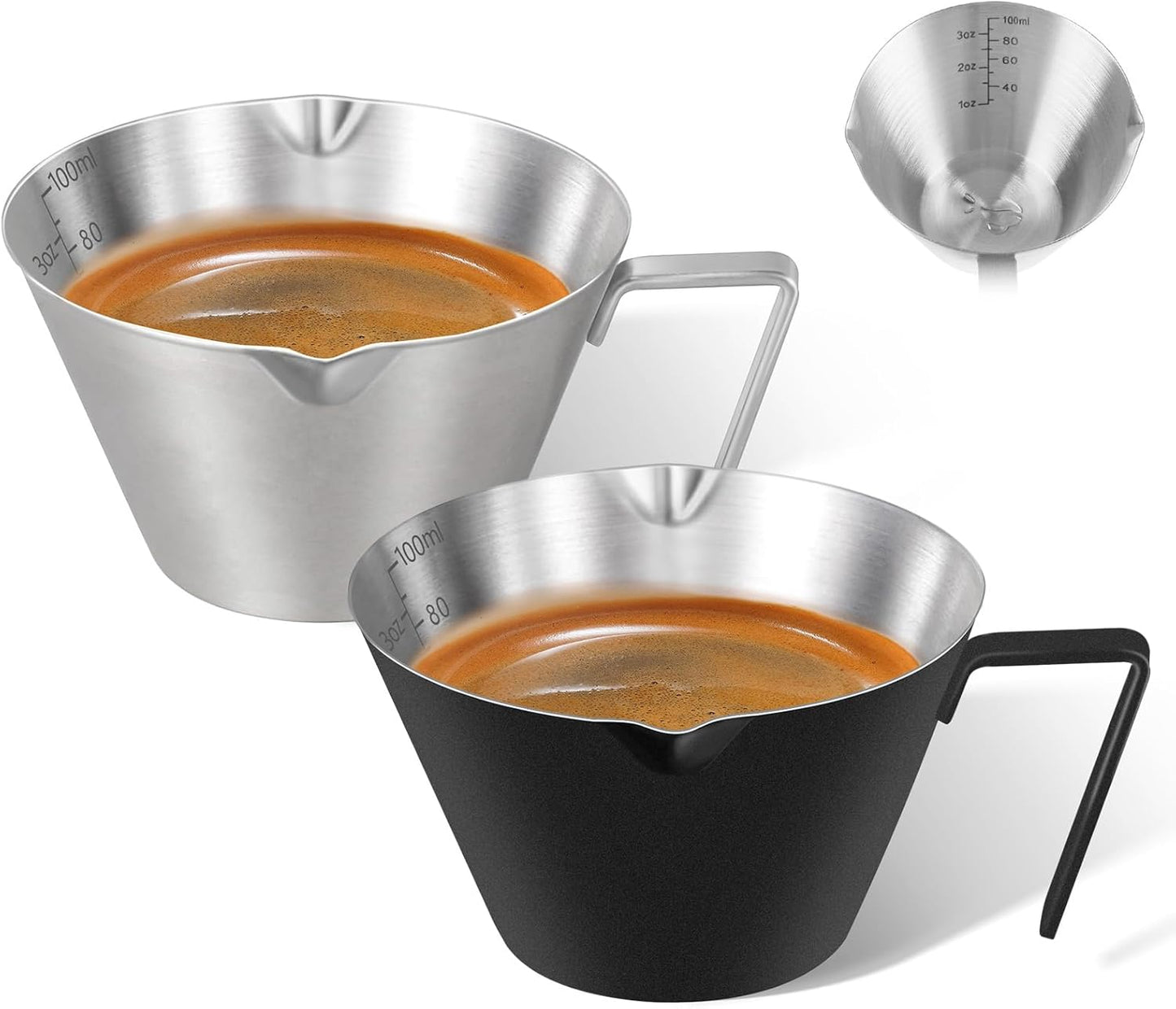 2Pcs Stainless Steel Espresso Cup, Double Spout Metal Espresso Measuring Cup with Handle, 3.4oz/100ml V-Shaped Mouth with Dual Scale (Silver+Black)