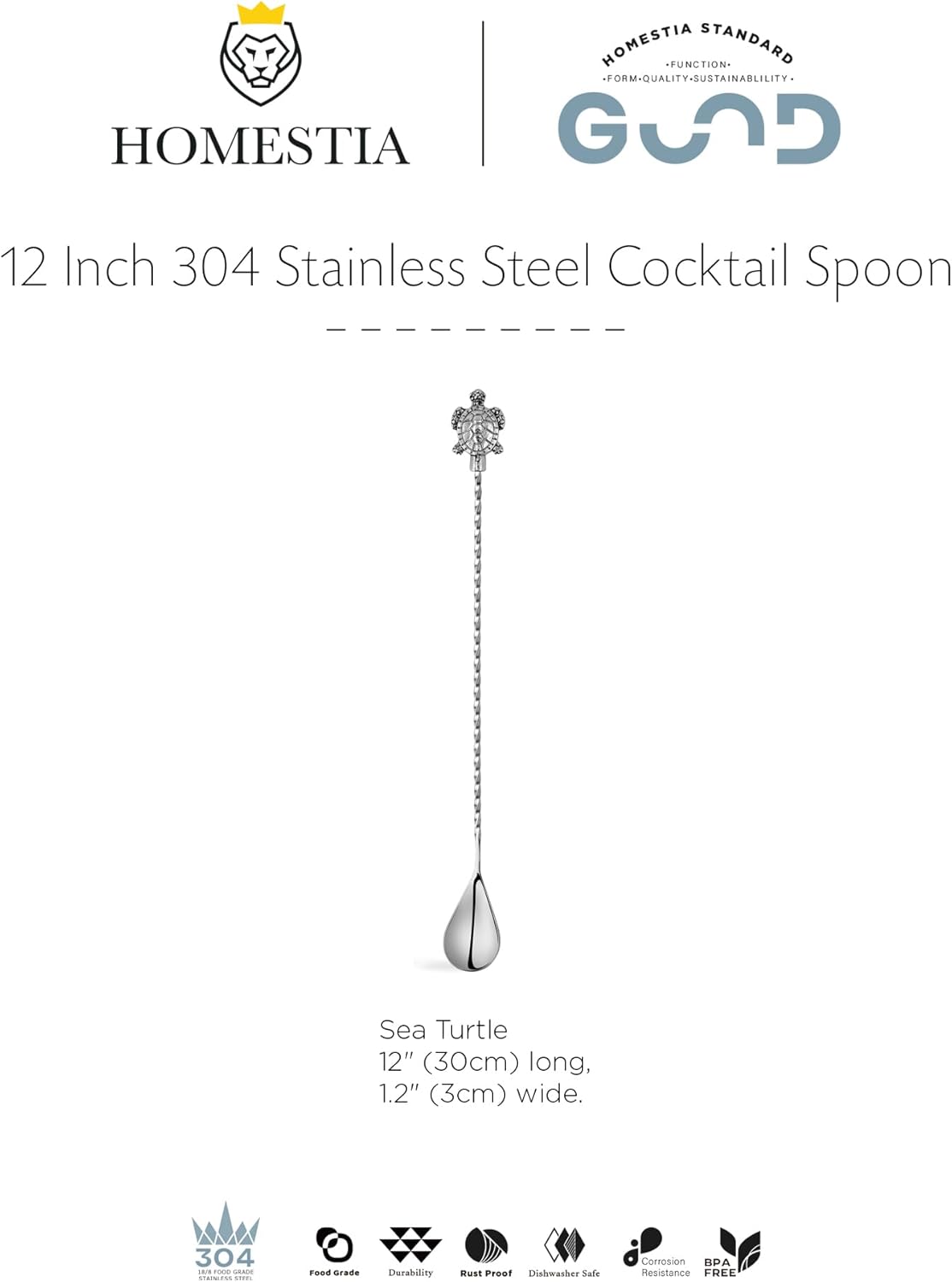 Homestia 12 Inch Long Bar Spoon Cocktail Spoon Stirring Mixing Stainless Steel Spiral Pattern Cocktail Stirrers Spoons with Turtle Handle Mixing Shaker Tool for Coffee Bar Accessories (Silver)