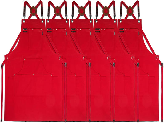 5 Pack Kitchen Apron, Work Apron, Canvas, Multiple Pockets, Gardening, Painting, BBQ, Artist, Carpenter, Sizes M to XXL, Red
