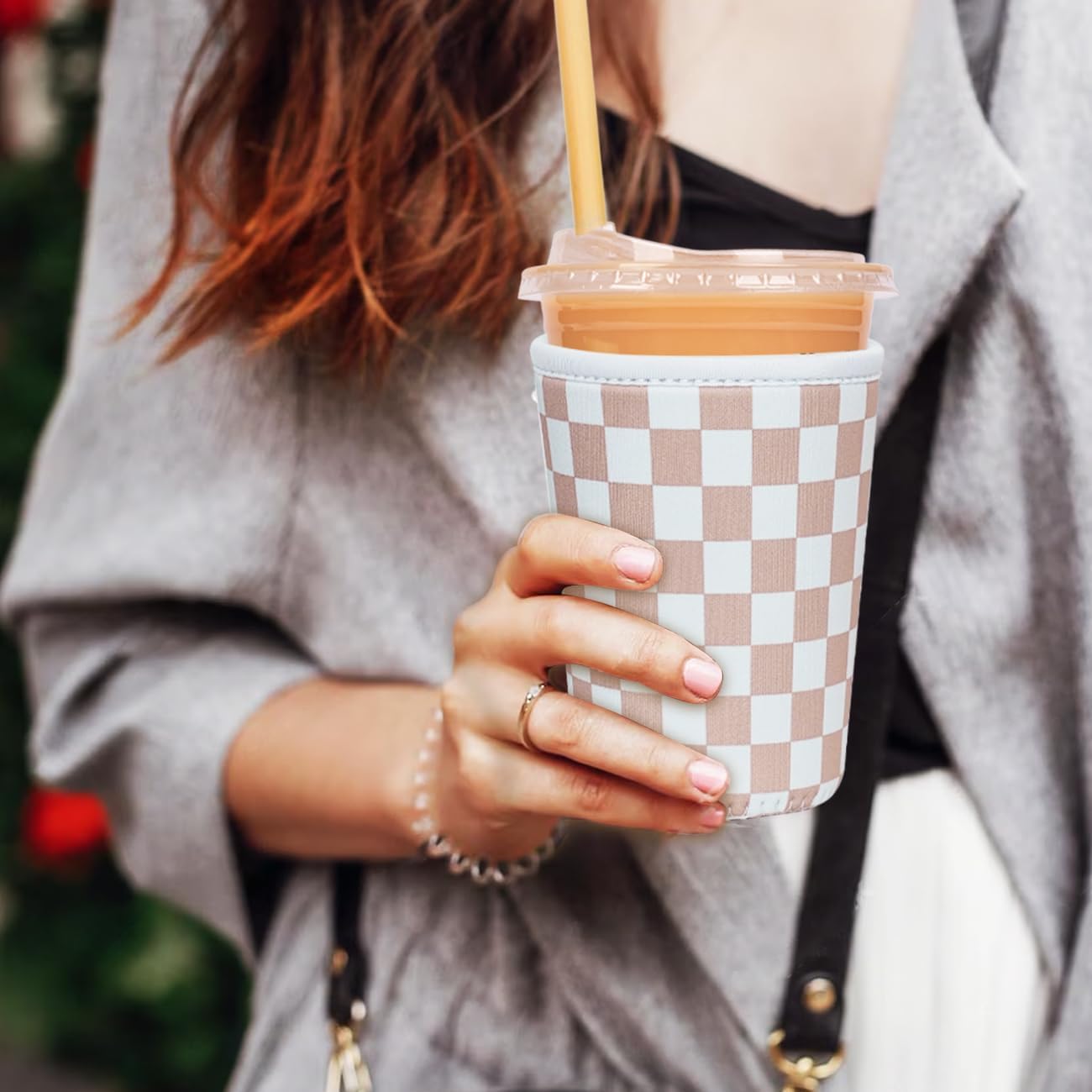 Reusable Insulated Neoprene Iced Coffee Cup Sleeve, Durable Drink Sleeve for Cold Beverages, Beverage Holder for Iced Coffee, Classic Checker