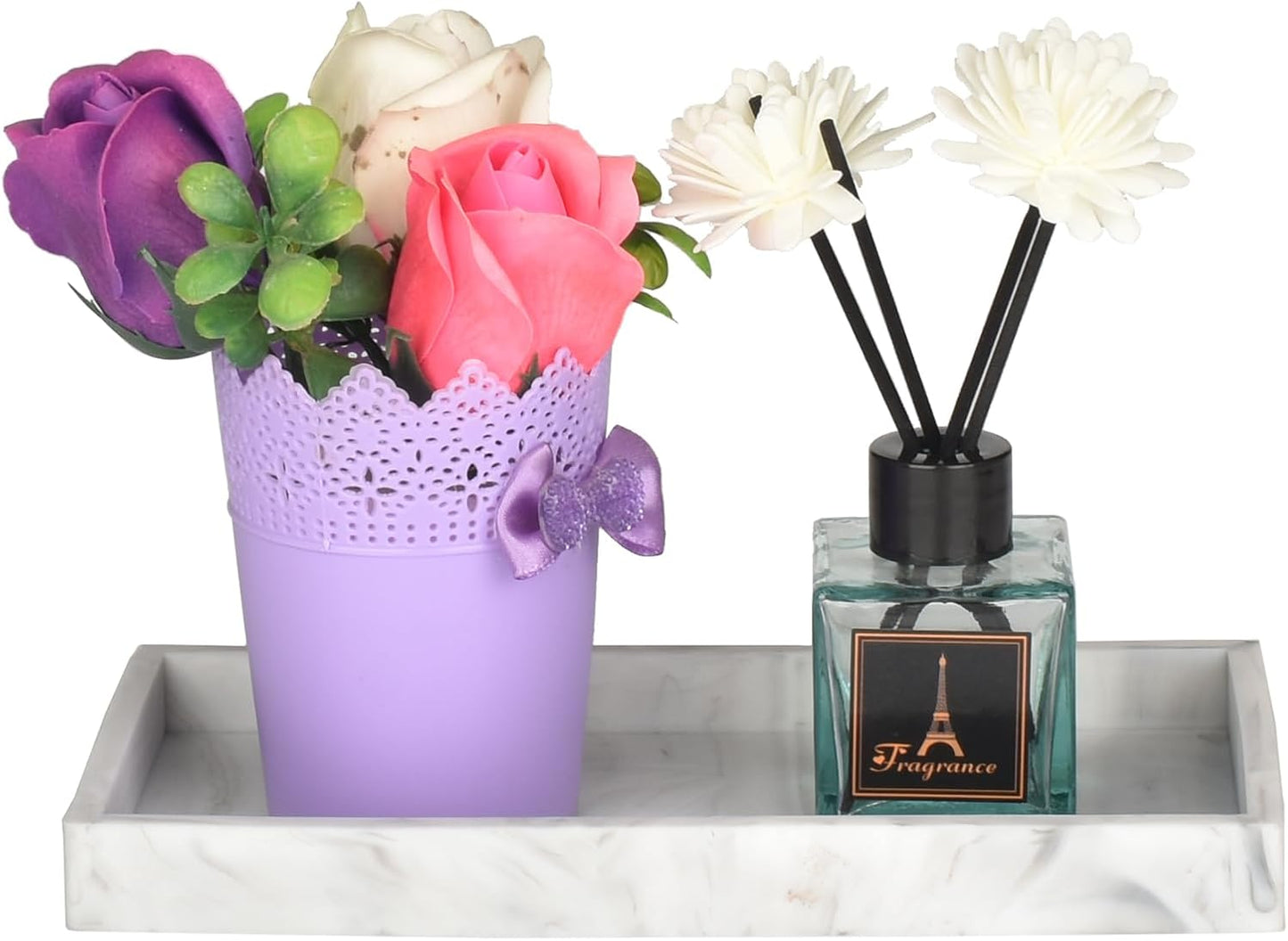 DNC 7.9" Small Silicone Bathroom Vanity Tray for Counter, Kitchen Sink Soap Tray for Dish Holder Dispenser Countertop Toilet Tank Desk Organizer Marble White