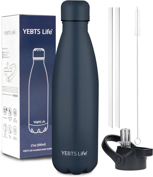 Insulated Water Bottle, 17oz Stainless Steel Water Bottles with straw lid, Metal Sports Water Bottles for Boys,Girls, Double Wall Vacuum BPA-Free Flask for School, Sports (Dark blue)