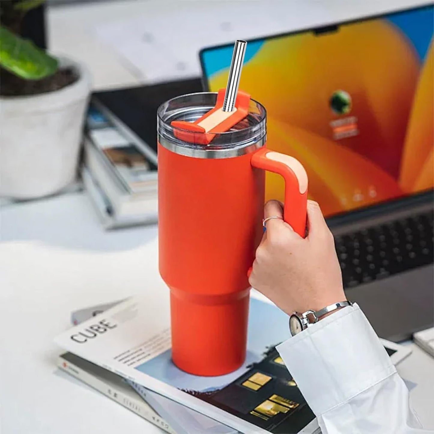 for Stanley Quencher 40oz Tumbler Metal Stainless Steel Straws,2 Straight + 2 Curved Reusable Straws with Cleaning Brush, Compatible for 40oz Stanley Cup Tumbler