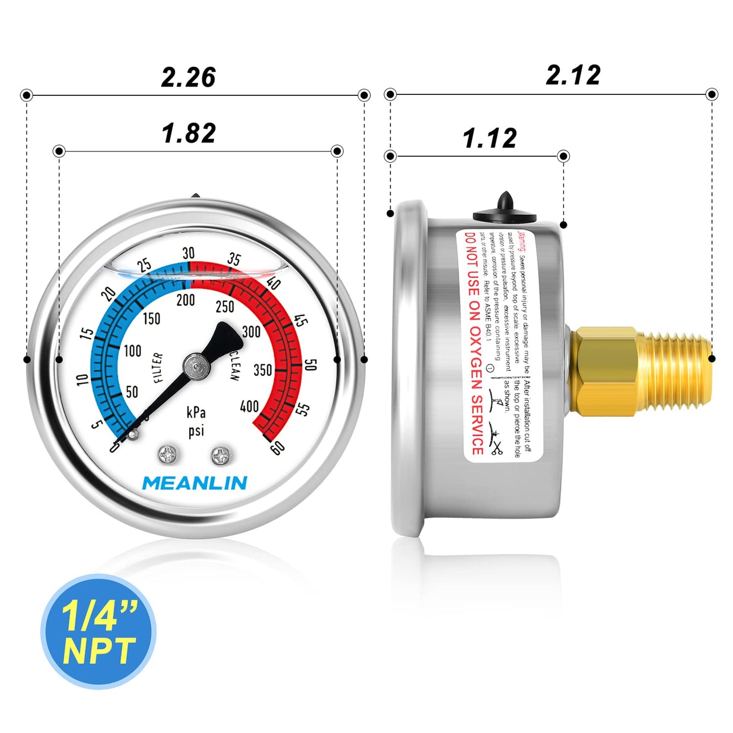 MEANLIN MEASURE 1/4" NPT 0-60psi Pressure Gauge, 2" Dial Glycerine Filled Pool Filter, 304 Stainless Steel Housing, Back Mount, with 1/2" NPT and 3/8" NPT Hex Bushing
