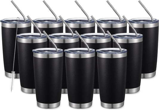 COMOOO 20oz Double Wall Vacuum Insulated Travel Mug, Stainless Steel Tumbler with Lid and Straw Durable Powder Coated Insulated Coffee Cup for Cold & Hot Drinks (Black, 12 pack