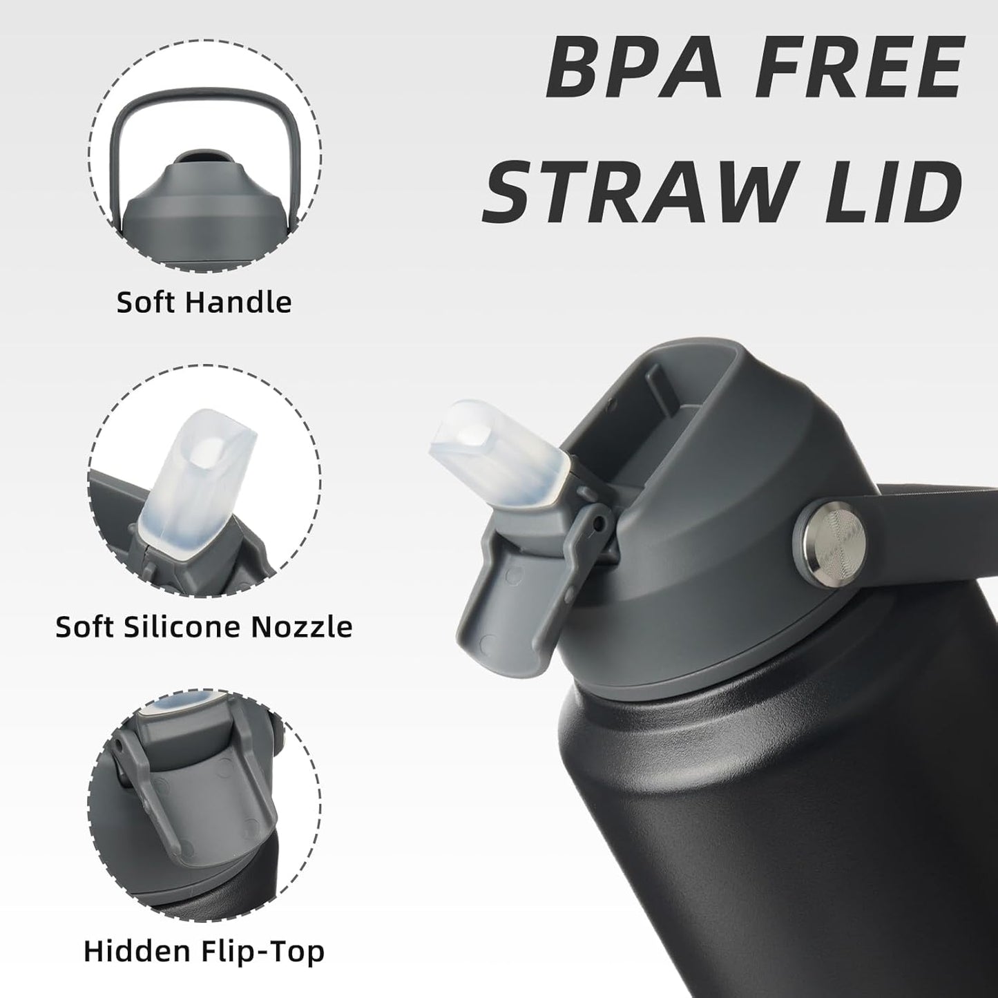 BJPKPK Water Bottle with Straw Lid, 32oz Vacuum Insulated Water Bottles, Metal Stainless Steel Thermos for Sports, Travel, BPA Free Leak Proof Thermos, Cups, Flasks, Tumblers,Black