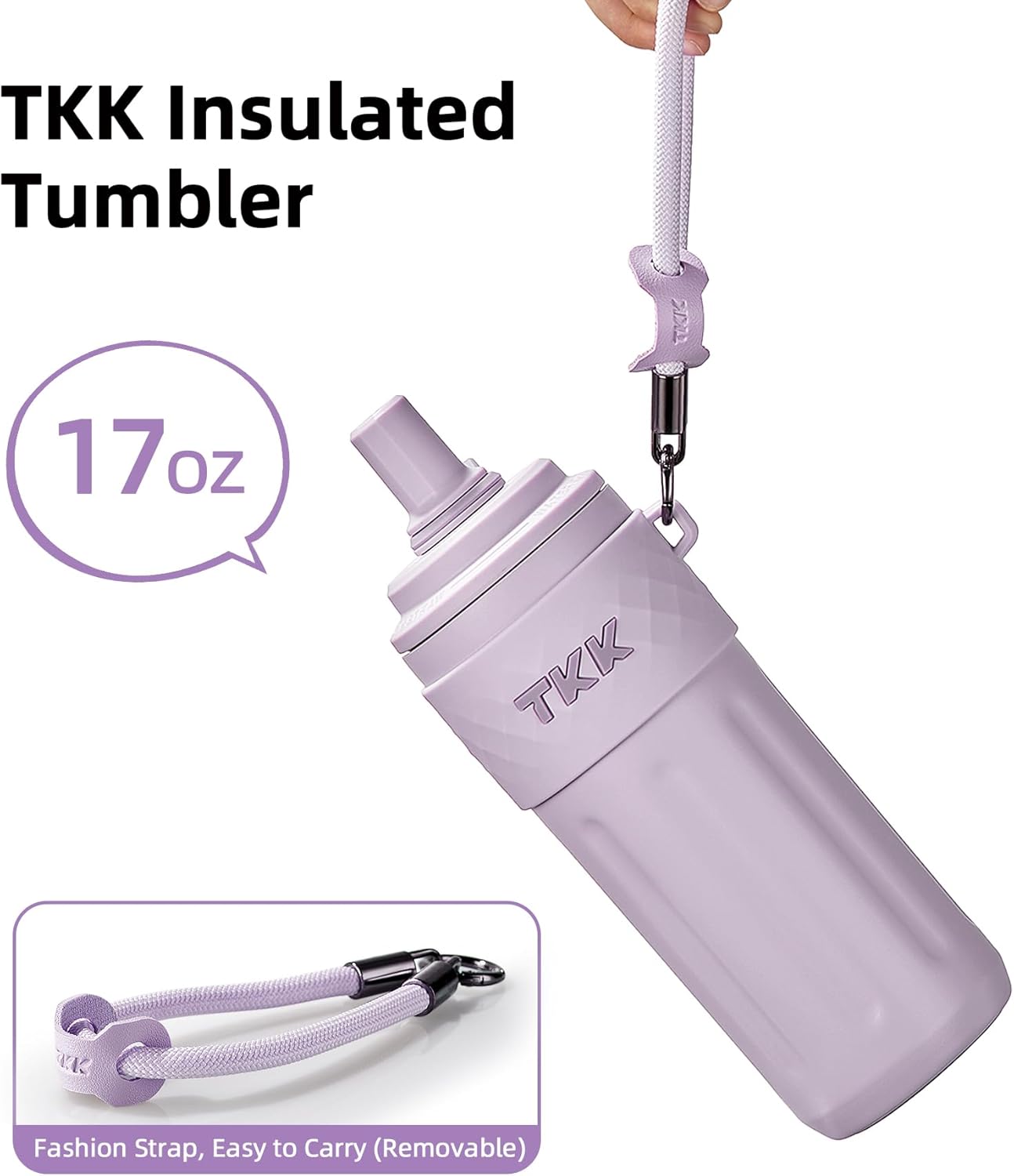TKK 17 OZ Travel Tumbler Ceramic Lining with Straw Lid, Stainless Steel Vacuum Insulated Double Wall Coffee Tumbler, Leak Proof Iced Water Bottle with Carry Strap for Hot & Cold Drinks, Purple