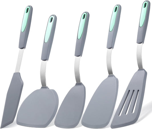 To encounter 5 Pieces Silicone Spatula Set, Non-Stick Silicone Turner Spatulas, Heat Resistance Cooking Utensils, Flip Turner for Fish, Egg, Pancake, Light Grey