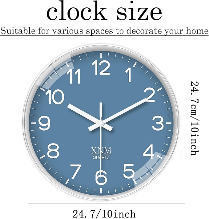 XNM Modern Blue Wall Clocks Battery Operated 10 Inch Classic Analog Clock - Image 3