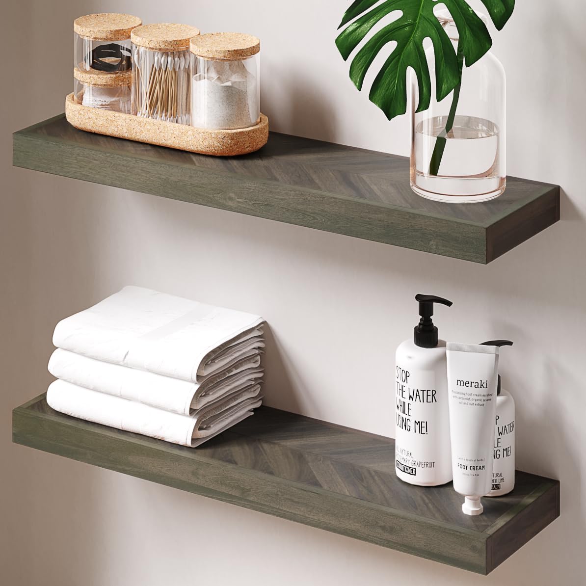 24" Acacia Chevron Floating Shelves Set of 2 - Wall Mounted Wooden Shelf for Stylish Home Décor - Mocha Color - 24x6.7x1.5 Inches