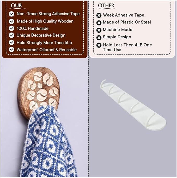 IndianShelf 6 Lb- 24 Pieces Decorative Wood Adhesive Wall Hooks–Boho Peel and - Image 4