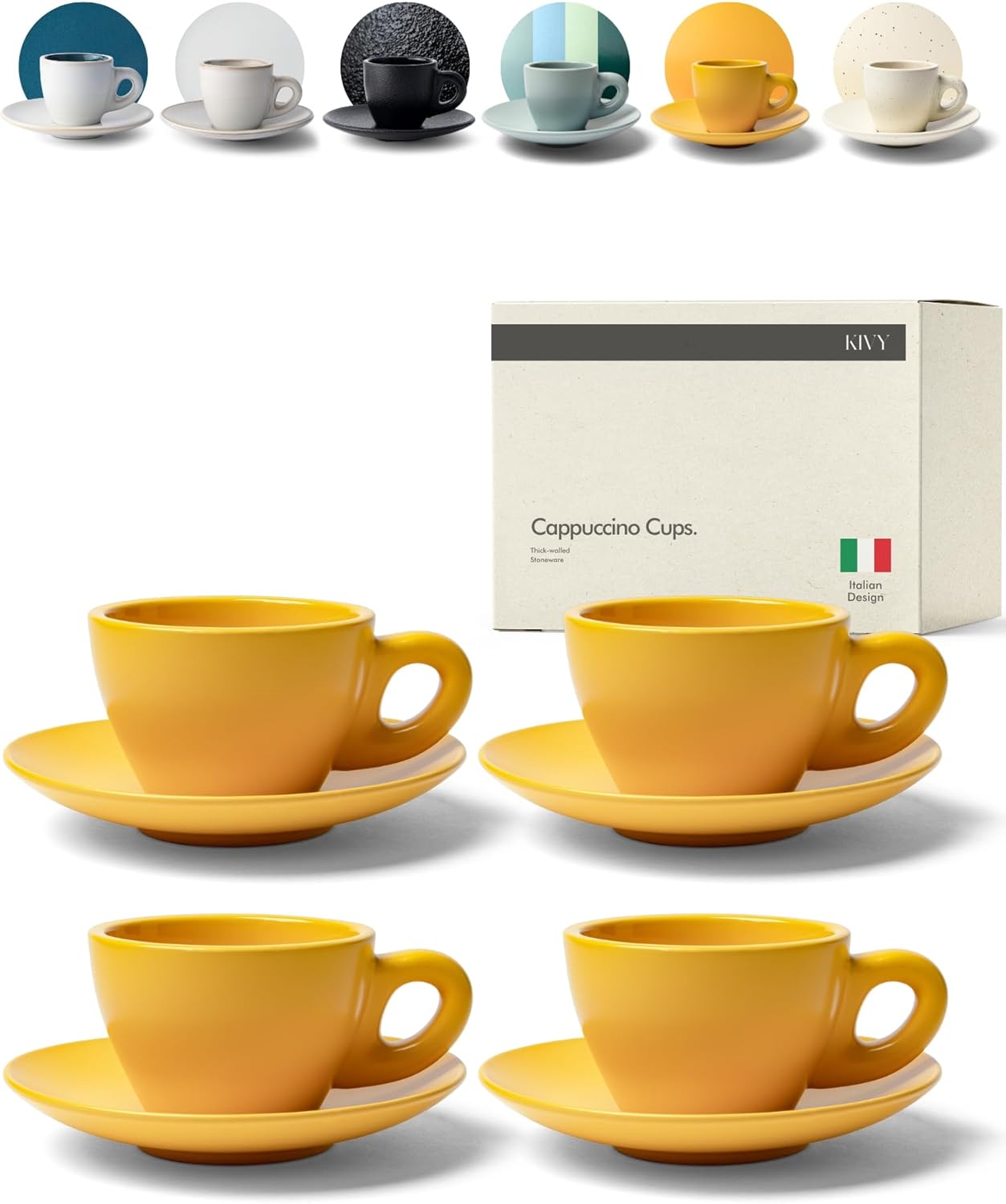KIVY Cappuccino Cups Set of 4 [Set 4x 8oz] - Thick-Walled Stoneware Cappuccino Cup Set for Latte Art - Latte Art Mugs - Italian Capuccino Cups - Capuccino Ceramic Latte Cup and Saucer - Yellow
