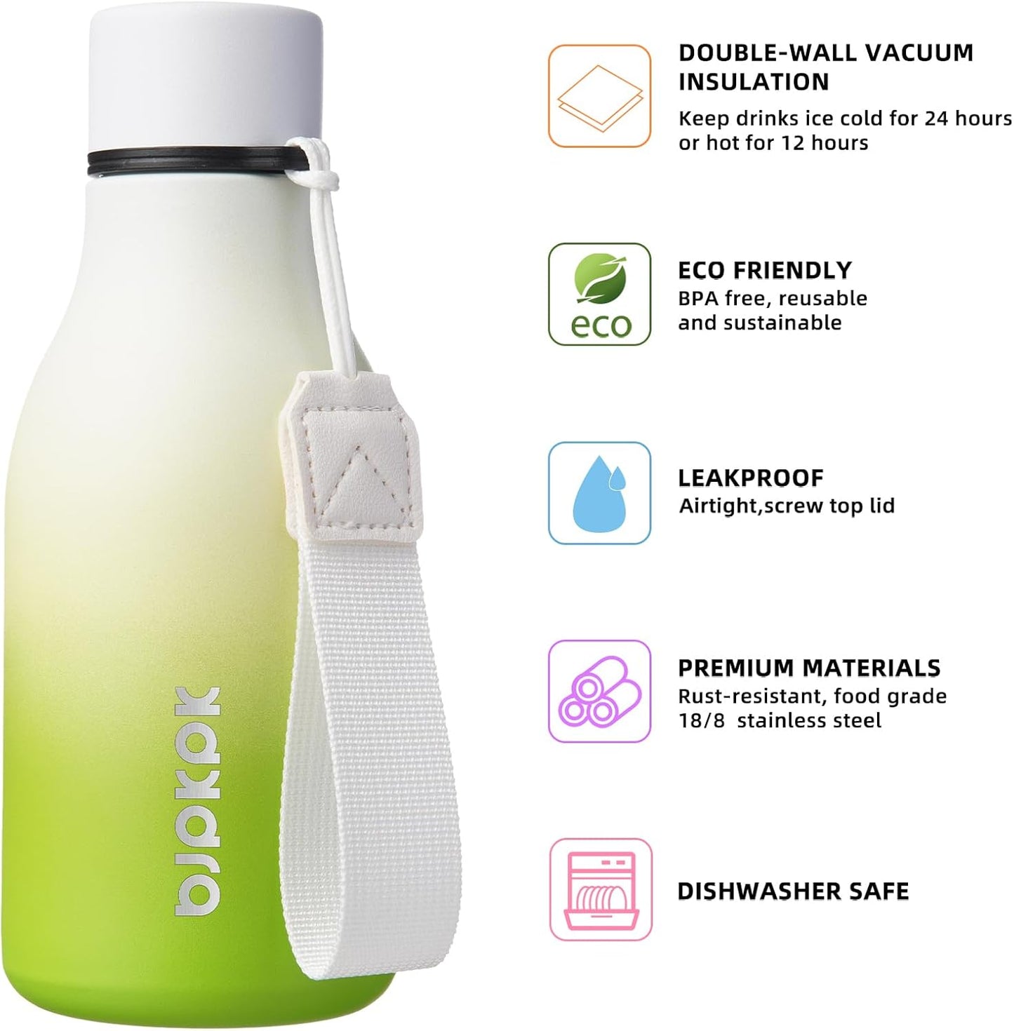 BJPKPK Insulated Water Bottles, 12oz Stainless Steel Metal Water Bottle with Strap, BPA Free Leak Proof Thermos, Mugs, Flasks, Reusable Water Bottle for Sports & Travel, Elegant Green