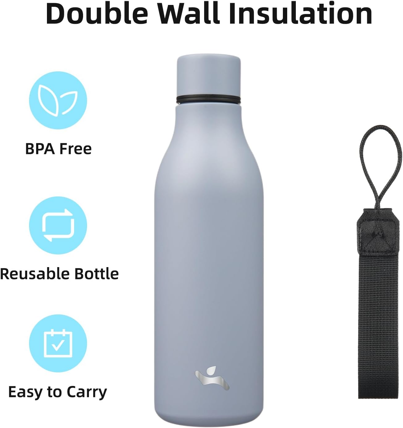 Insulated Water Bottle with Strap,18 oz Double Wall Stainless Steel Vacuum Bottles Metal Water Flask,Grey Blue