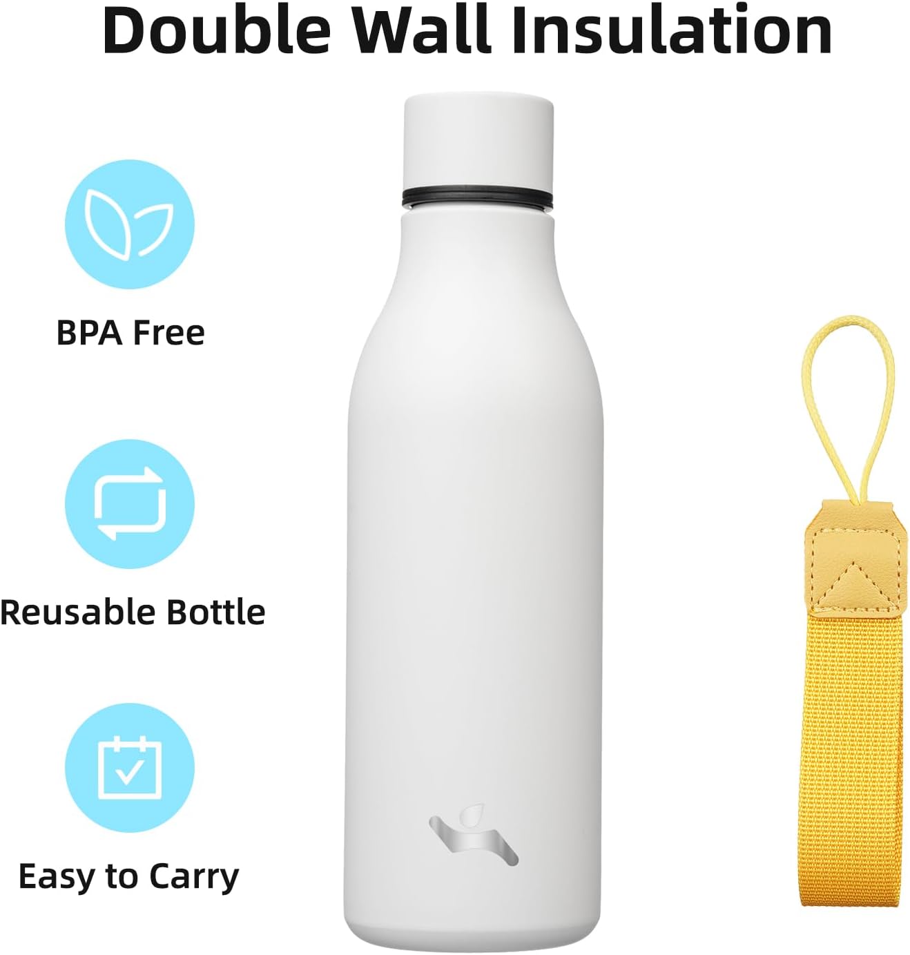 Insulated Water Bottle with Strap,18 oz Double Wall Stainless Steel Vacuum Bottles Metal Water Flask,White