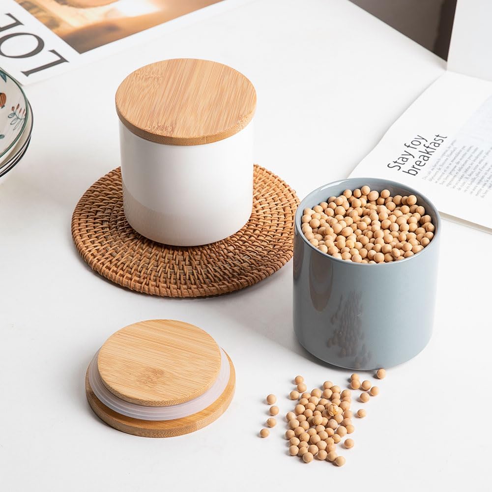 Sweejar Kitchen Ceramic Food Storage Containers, Stackable Canisters for Countertop with Airtight Boomboo Lids for Serving Ground Coffee, Tea, Sugar, Salt and More- 16 Fl Oz (White)