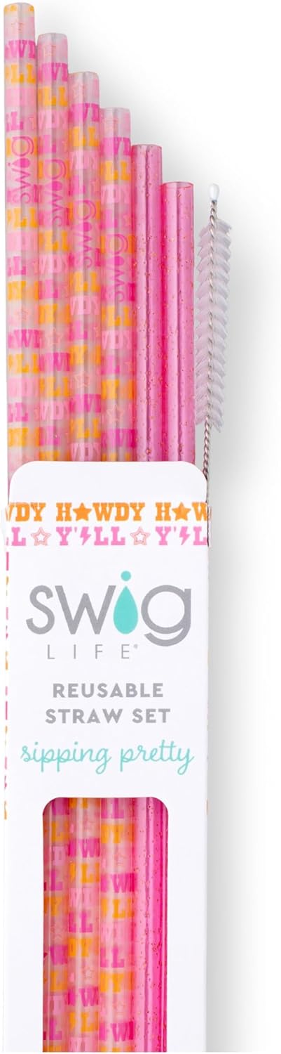 Swig Life Reusable Straws Howdy Y'all + Pink Glitter Tall Straw Set & Cleaning Brush, Each Straw is 10.25 inch Long (Fits Swig Life 20oz Tumblers, 22oz, and 32oz Tumblers)