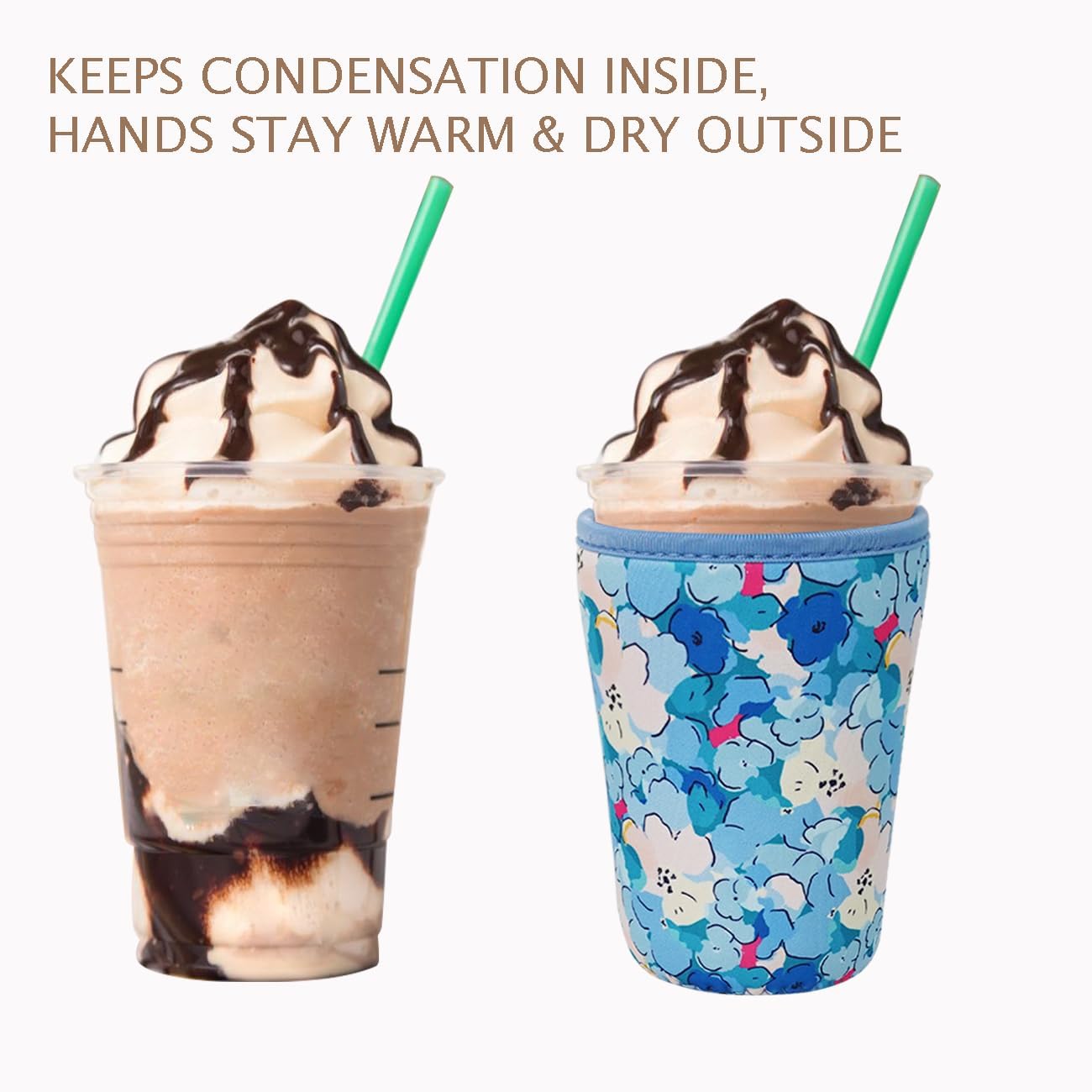 Reusable Insulated Neoprene Iced Coffee Cup Sleeve, Durable Drink Sleeve for Cold Beverages, Beverage Holder for Iced Coffee, Misty Blossom