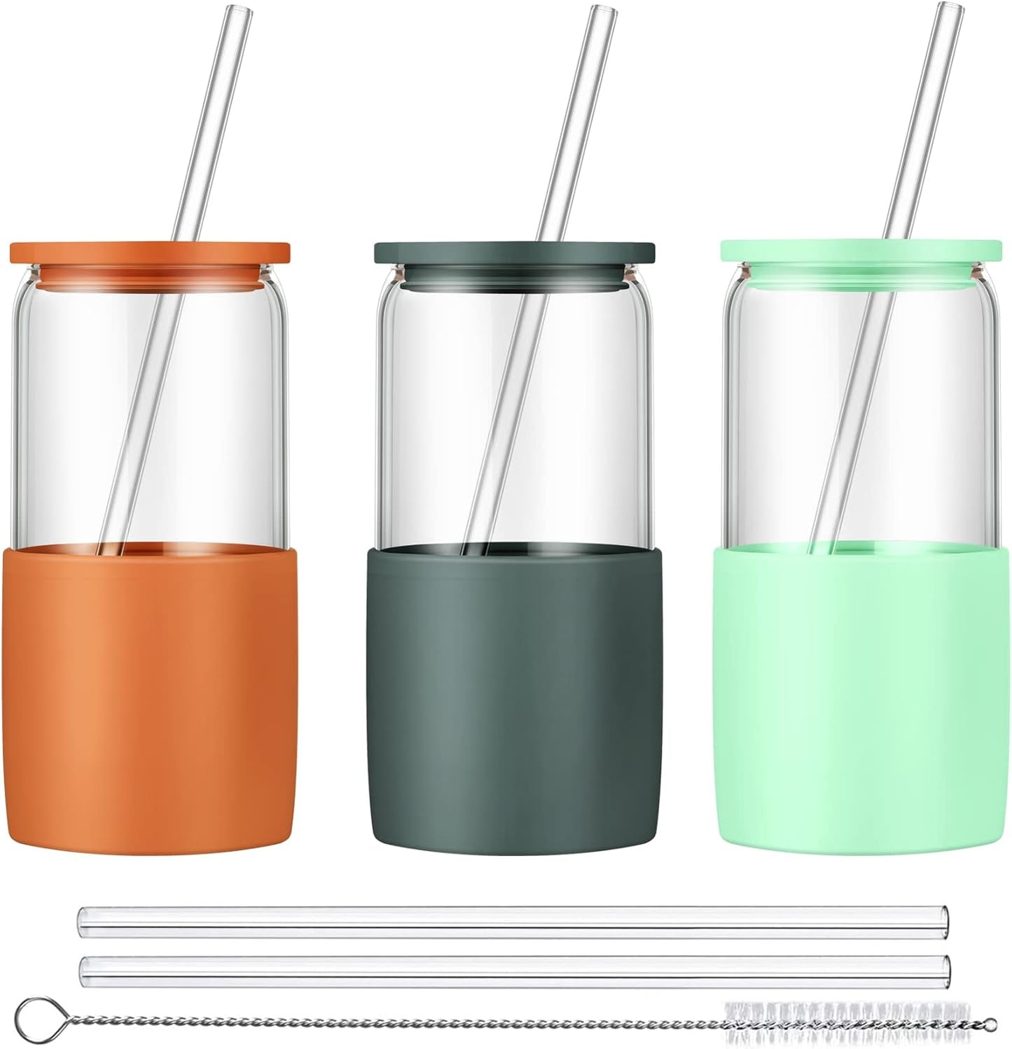 Sunseeke Glass Tumbler with Straw and Lid, 16oz Ice Coffee Cup, Silicone Sleeve Cleaning Brushes, Drinking Glasses for Water, Iced Coffee, Smoothie -BPA Free -3Pack