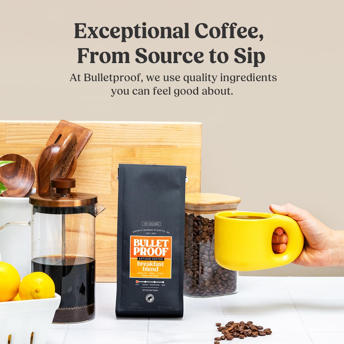 Bulletproof Breakfast Blend Light Roast Whole Bean Coffee, 12 Ounces, 100% Arabica Beans, Clean Coffee Tested for Toxins, Packaging May Vary