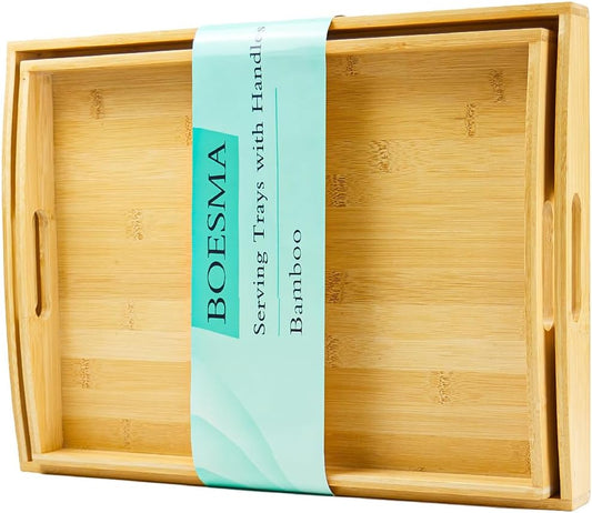 Set of 2 Bamboo Serving Tray with Handles, Decorative Wooden Tray for Breakfast, Dinner, Coffee Table - Portable Bamboo Tray for Ottoman, Kitchen, Living Room Bedroom, Outdoor Scenarios and More