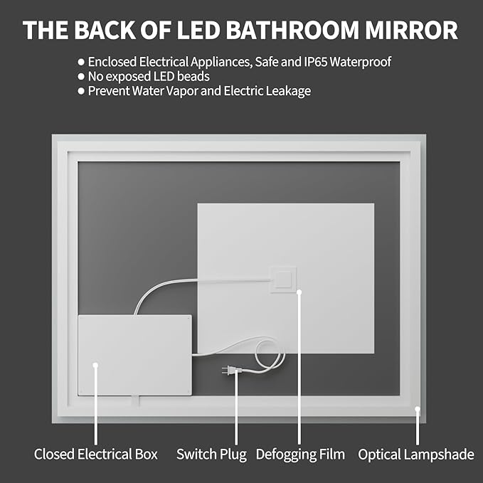 Koonmi 40"x30" LED Mirror for Bathroom, 90CRI Anti-Fog Vanity Mirror - Image 8