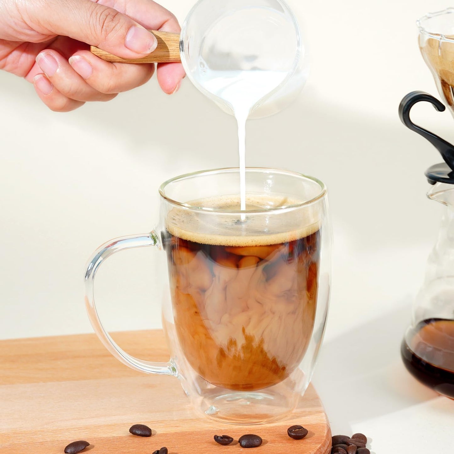 Double Wall Glass Coffee Mugs 12 OZ, Clear Coffee Cup With Handle,Insulated Coffee Mugs Set of 2 With Spoons Perfect for Espresso, Cappuccino, Latte, American,Tea Bag, Beverage