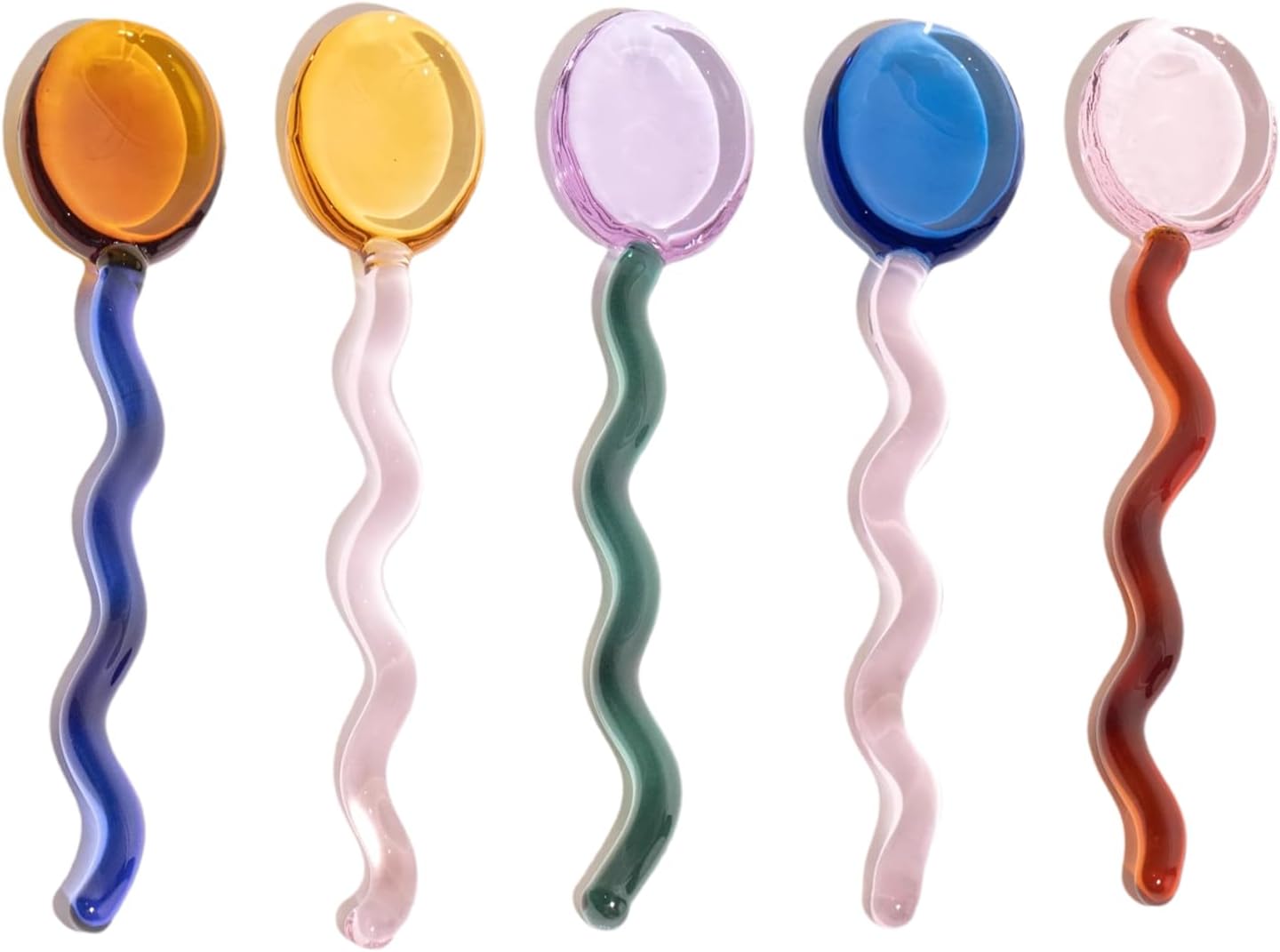 5 Pieces Glass Spoons, Creative Colorful Glass Dessert Spoon Colored Transparent Coffee Milk Curved Handle Stirring Teaspoon for Home Bar Party (Round)