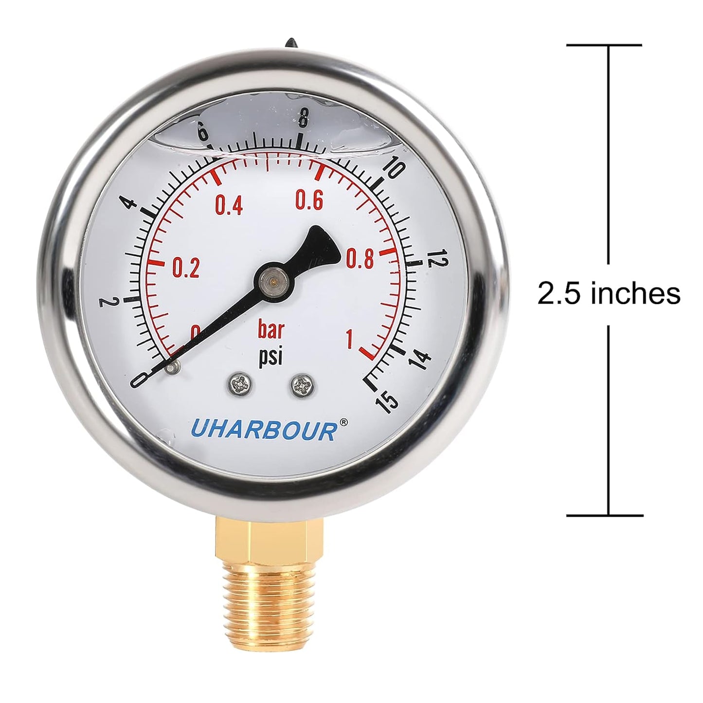 Glycerin Filled Low Pressure Gauge 15psi/1bar, Stainless Steel case, Brass Inside Construction, 2-1/2" dial, 1/4" NPT Rear Connection.