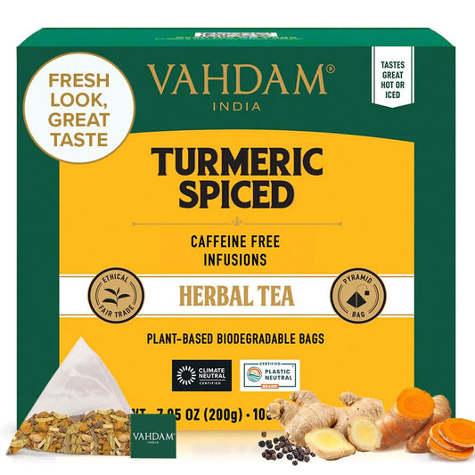 VAHDAM, Turmeric Spice Herbal Tea Bags (100 Pyramid Tea Bags) | Caffeine Free, Non GMO & Gluten Free | Turmeric Ginger Tisane with Cardamom, Cinnamon, Lemongrass & Black Pepper