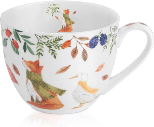 Autumn Forest Animal Mug - 20 oz Bone China Coffee Mug with Fox, Squirrel & Duck, Cozy Fall Gift for Nature Lovers and Friends, Designed in England by Harvest Green Studio