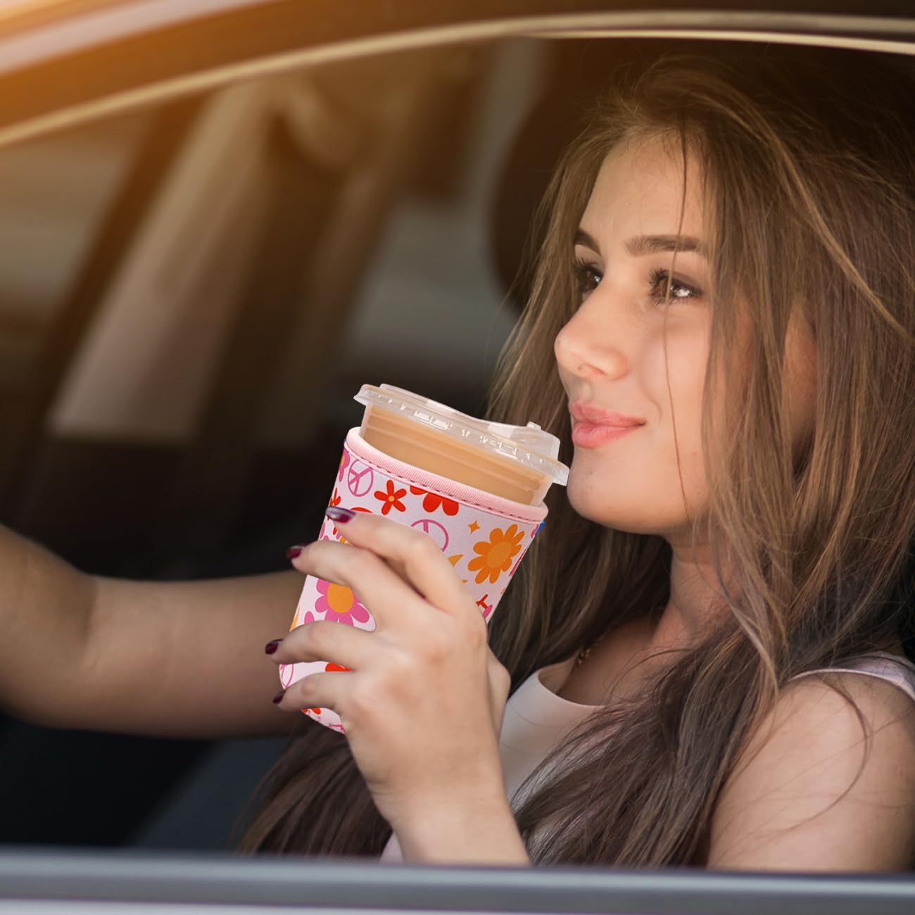 Reusable Insulated Neoprene Iced Coffee Cup Sleeve, Durable Drink Sleeve for Cold Beverages, Beverage Holder for Iced Coffee, Groovy Flower